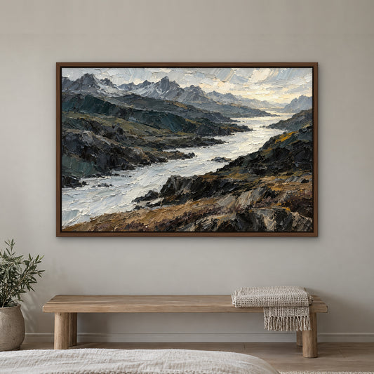 Knife-Cut Highlands, teal abstract hand-painted canvas wall art in a bedroom – Gallery 23