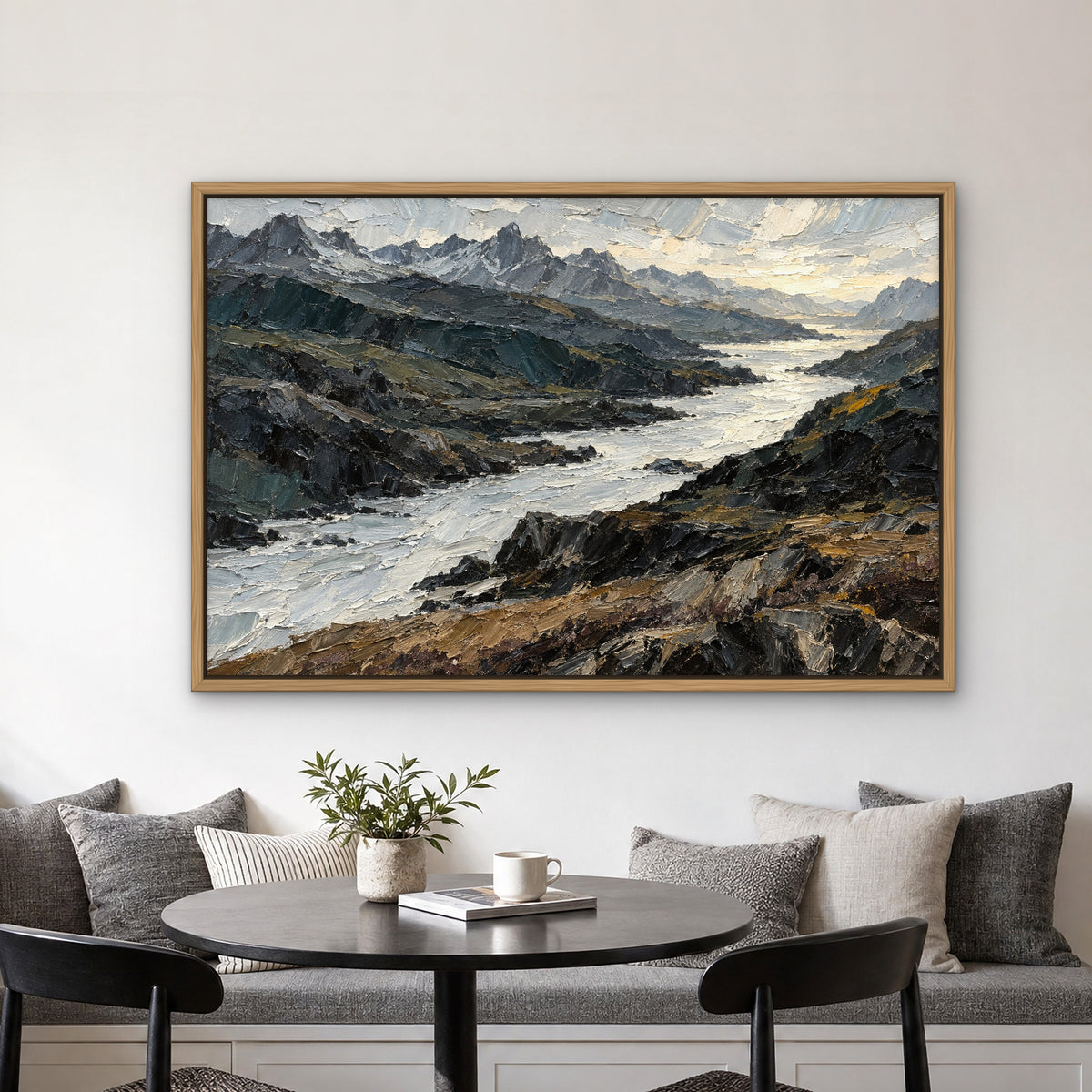 Knife-Cut Highlands, teal abstract hand-painted canvas wall art in a kitchen nook – Gallery 23