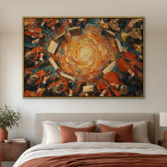 Swirling Orchestra, red abstract hand-painted canvas wall art in a bedroom – Gallery 23