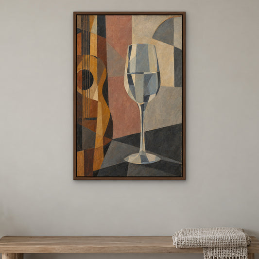 Cubist Guitar and Glass, blue abstract hand-painted canvas wall art in a bedroom – Gallery 23
