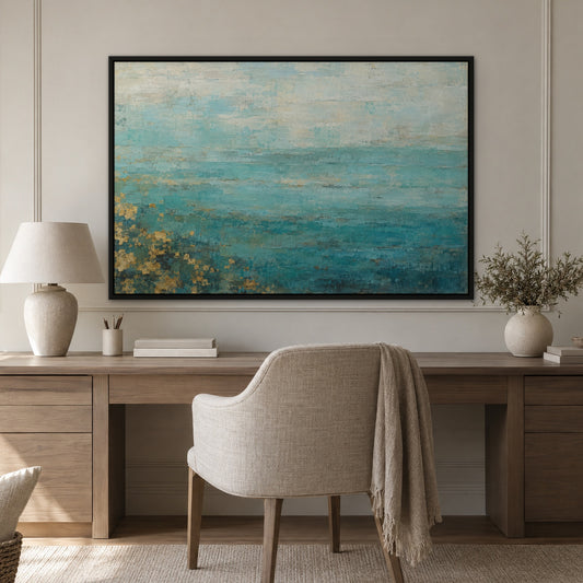 Turquoise Patina Gold, teal abstract hand-painted canvas wall art in a home office – Gallery 23