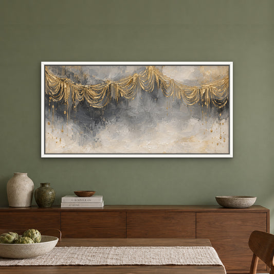 Gold Fringe, grey abstract hand-painted canvas wall art in a dining room – Gallery 23