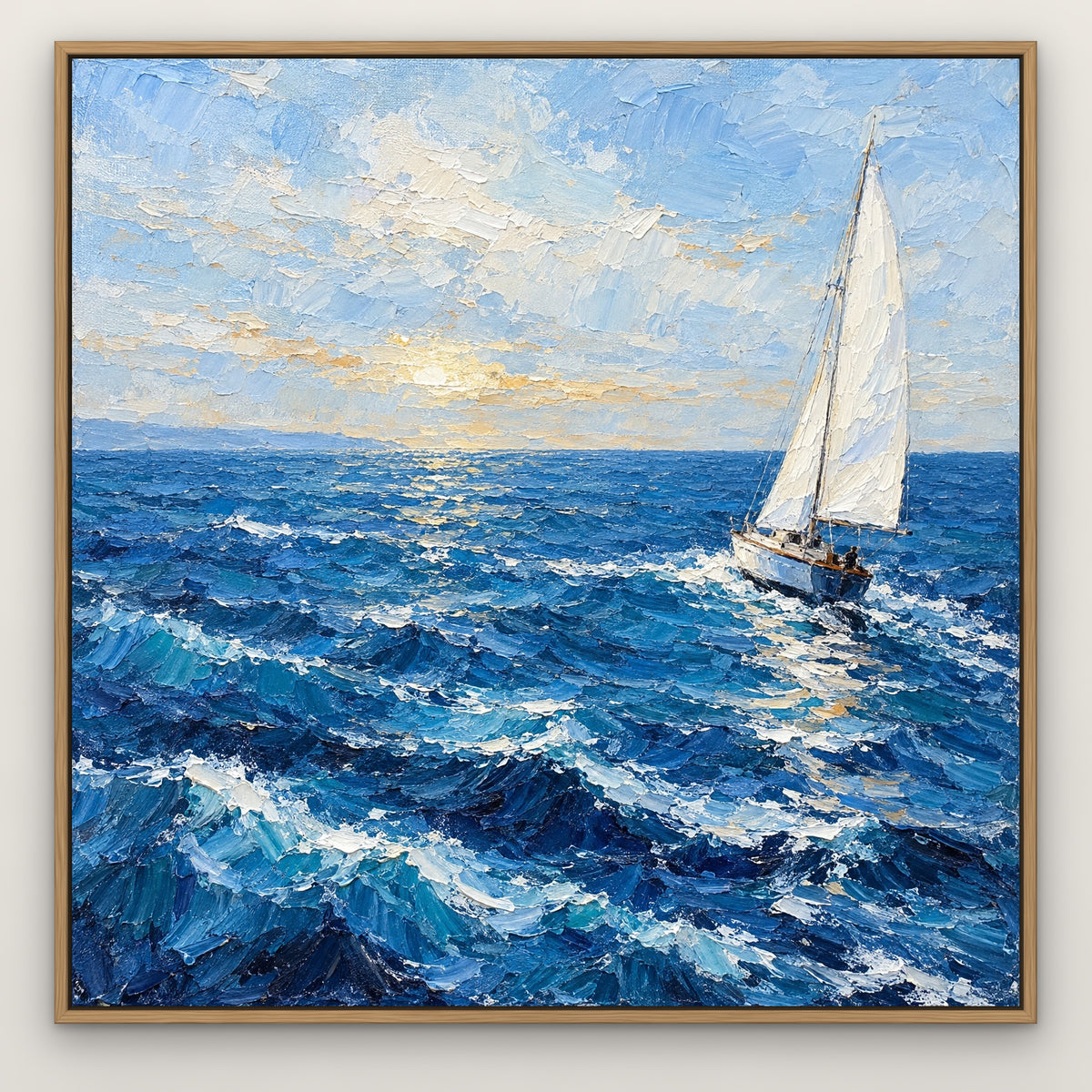 Lone Sail on Azure, blue seascape hand-painted canvas wall art in a slim oak float frame – Gallery 23