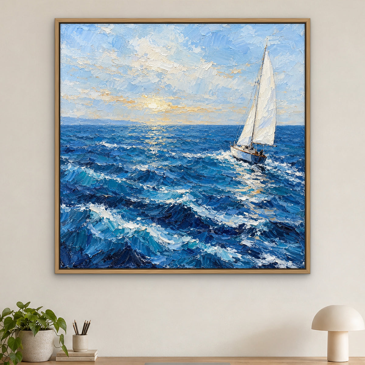Lone Sail on Azure, blue seascape hand-painted canvas wall art in a home office – Gallery 23