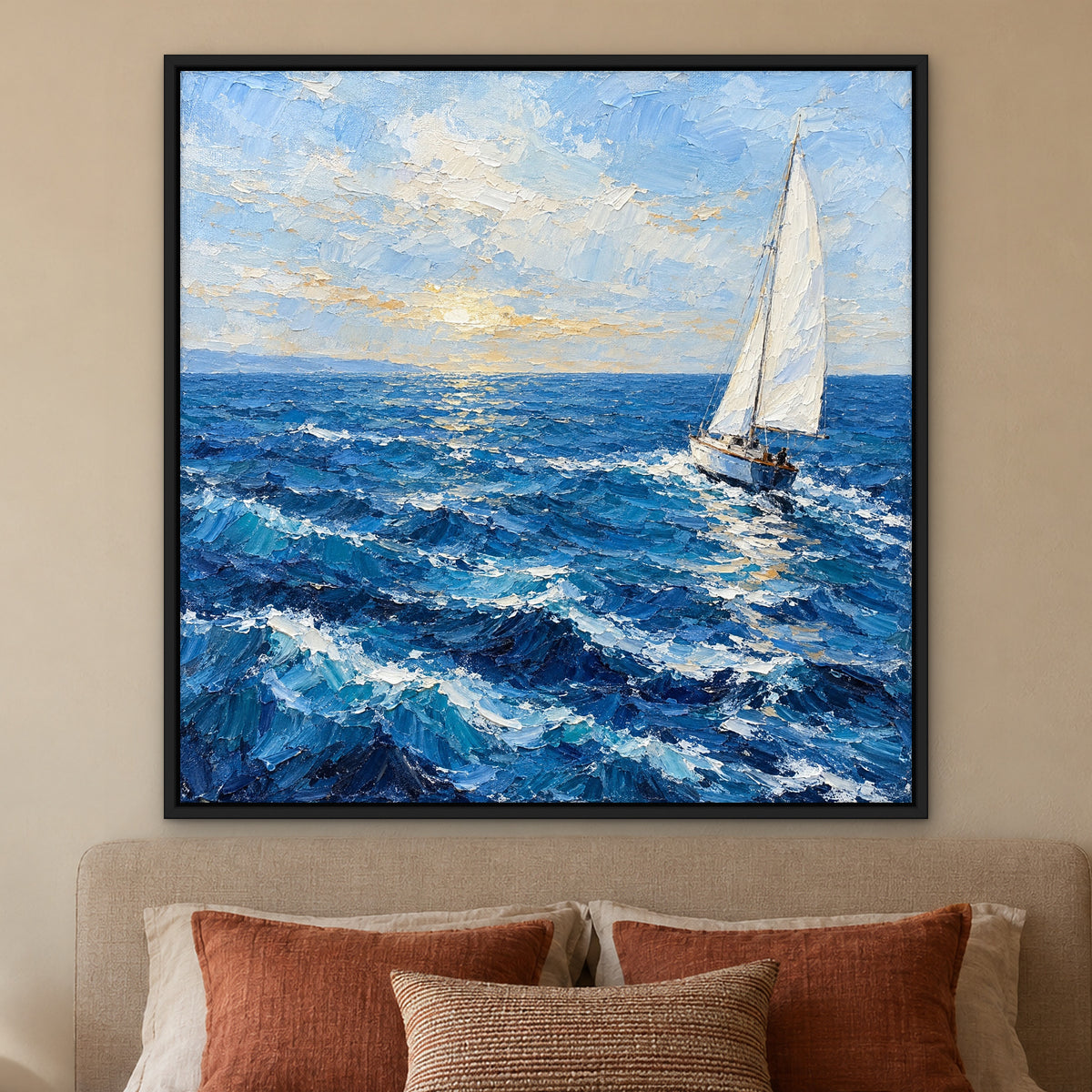 Lone Sail on Azure, blue seascape hand-painted canvas wall art in a bedroom – Gallery 23
