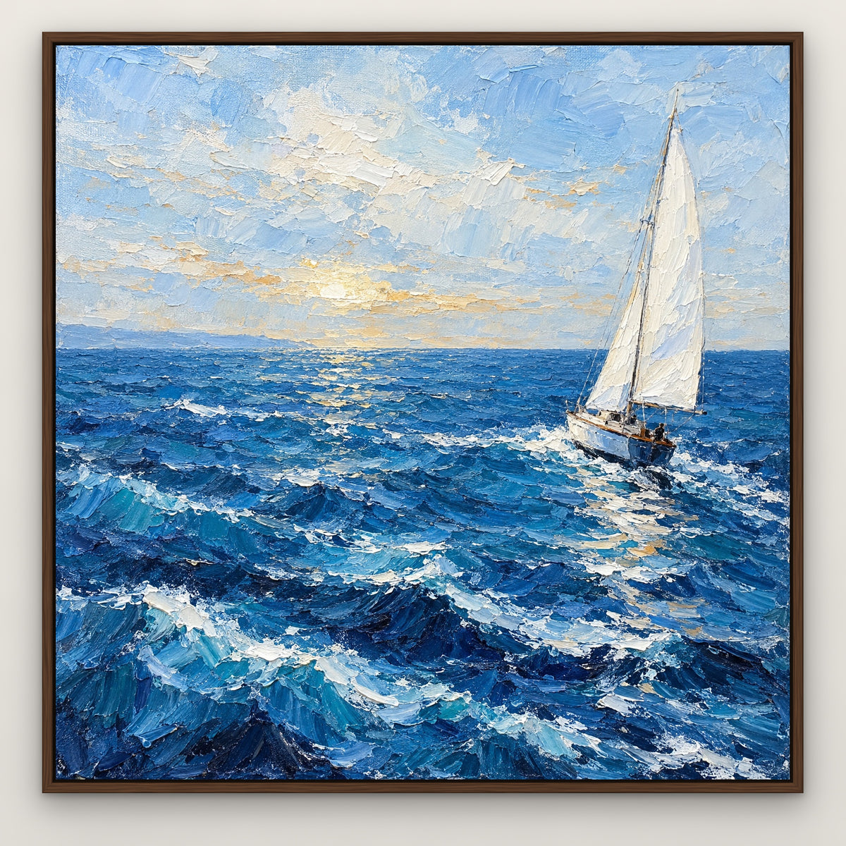 Lone Sail on Azure, blue seascape hand-painted canvas wall art in a slim walnut float frame – Gallery 23