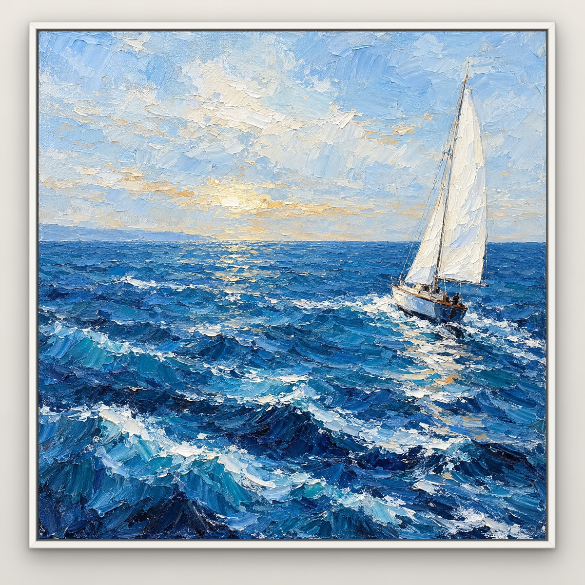 Lone Sail on Azure, blue seascape hand-painted canvas wall art in a slim white float frame – Gallery 23