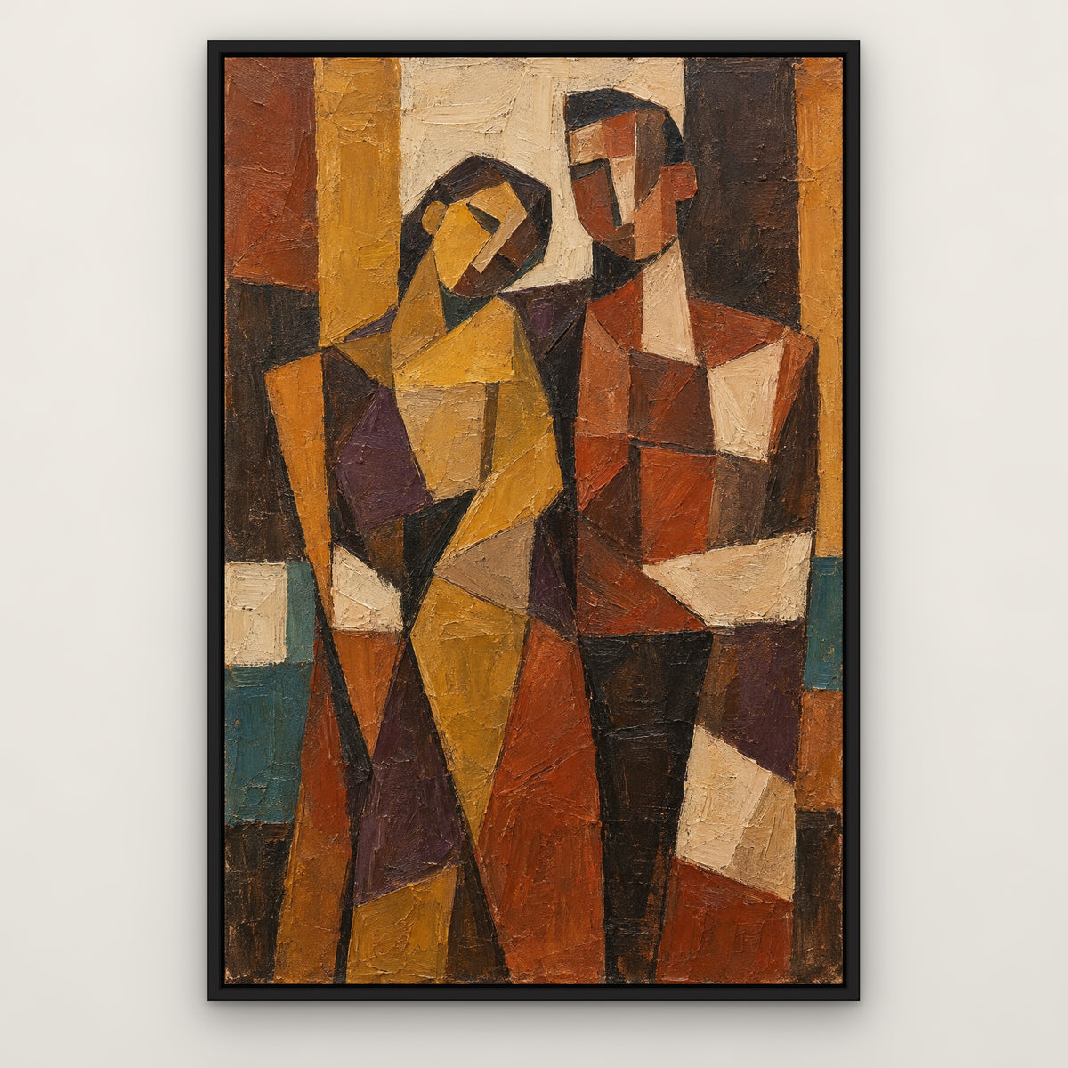 Terracotta Cubist Duo, gold abstract hand-painted canvas wall art in a slim black float frame – Gallery 23