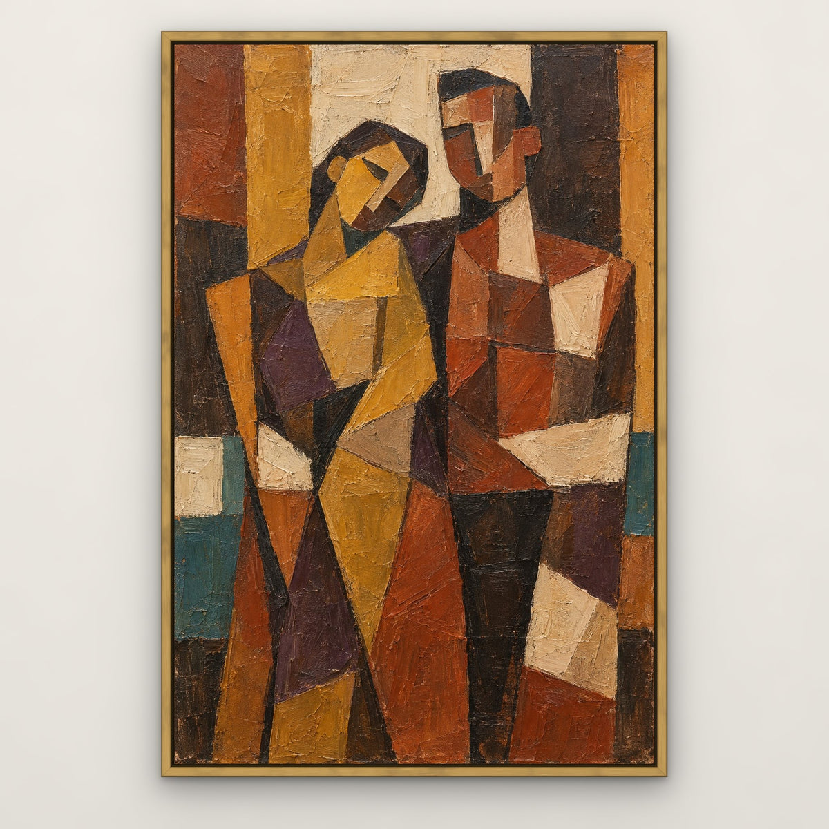 Terracotta Cubist Duo, gold abstract hand-painted canvas wall art in a slim antique gold float frame – Gallery 23