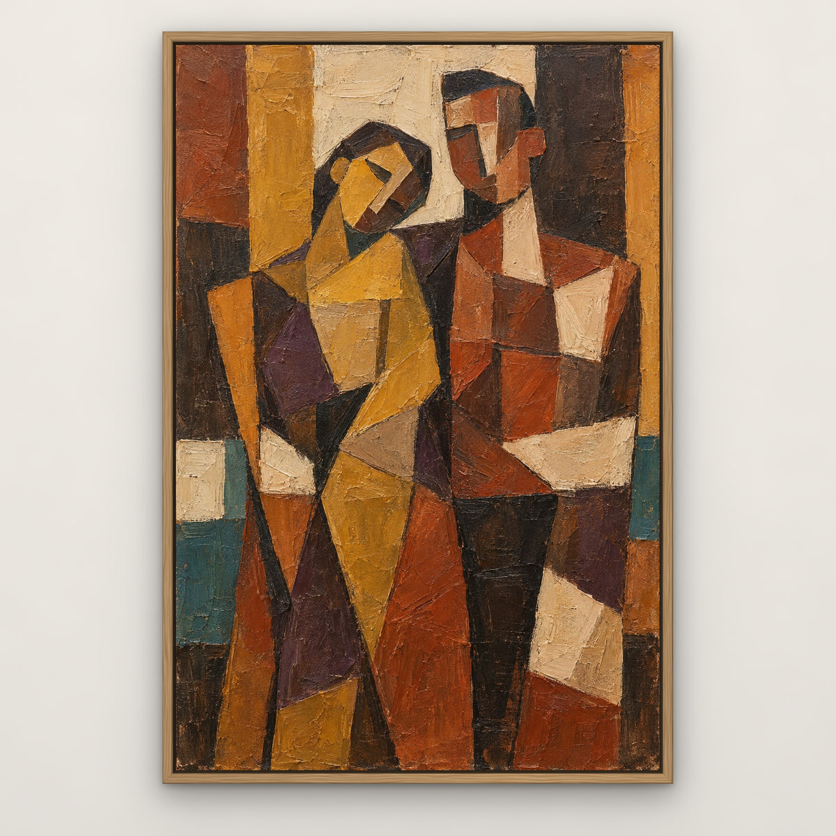 Terracotta Cubist Duo, gold abstract hand-painted canvas wall art in a slim oak float frame – Gallery 23