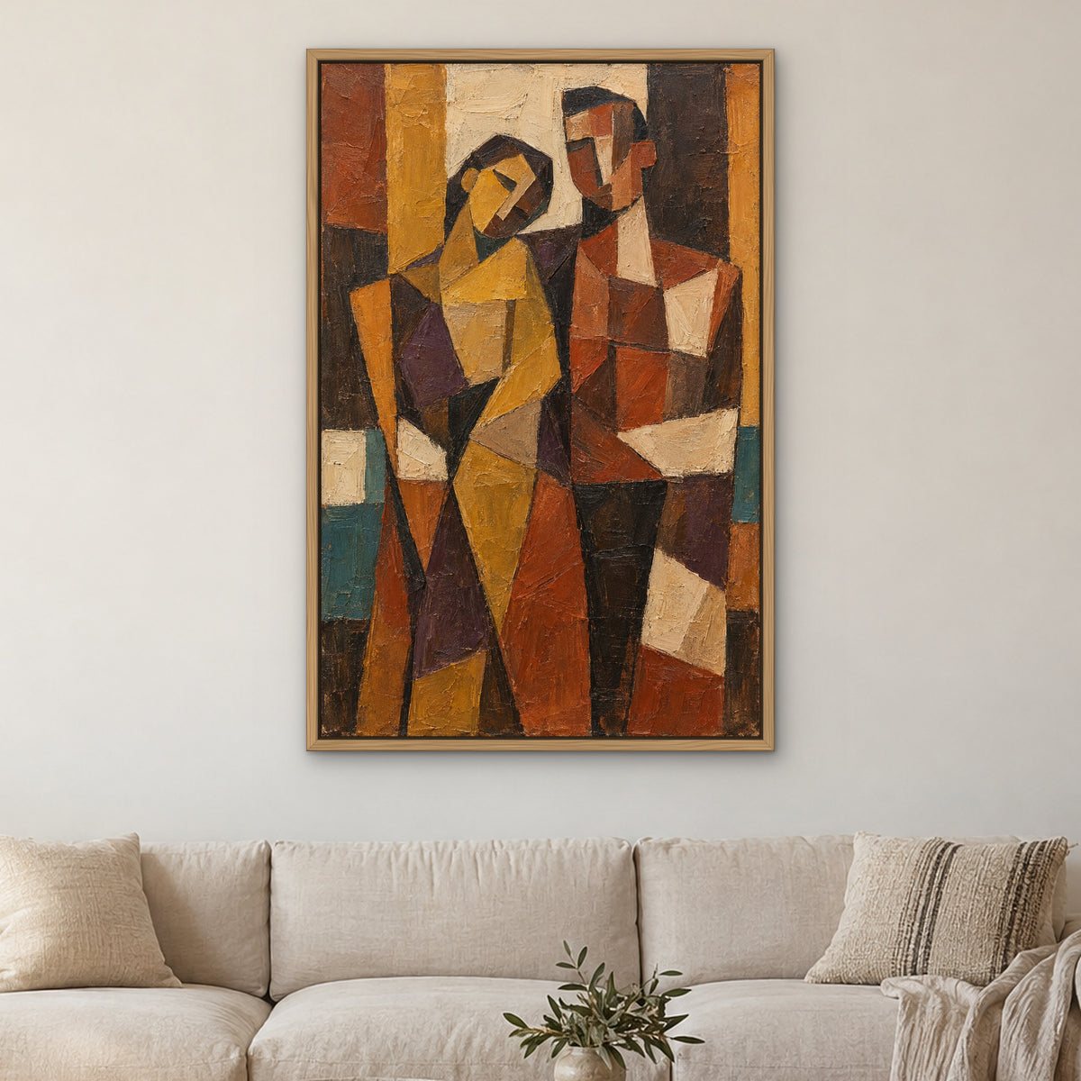 Terracotta Cubist Duo, gold abstract hand-painted canvas wall art in a living room – Gallery 23