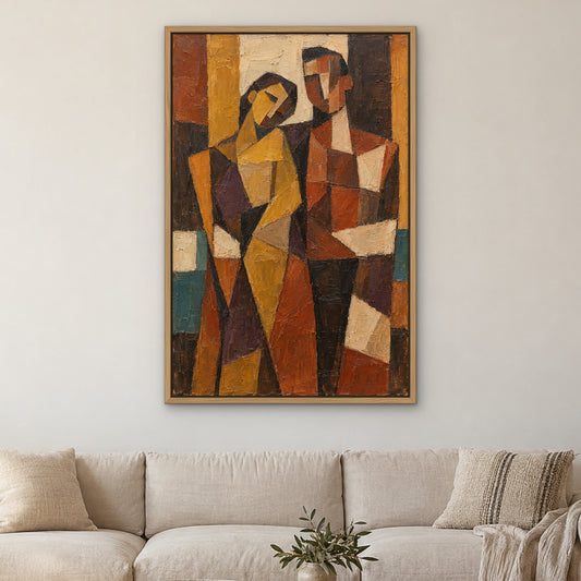 Terracotta Cubist Duo, gold abstract hand-painted canvas wall art in a living room – Gallery 23