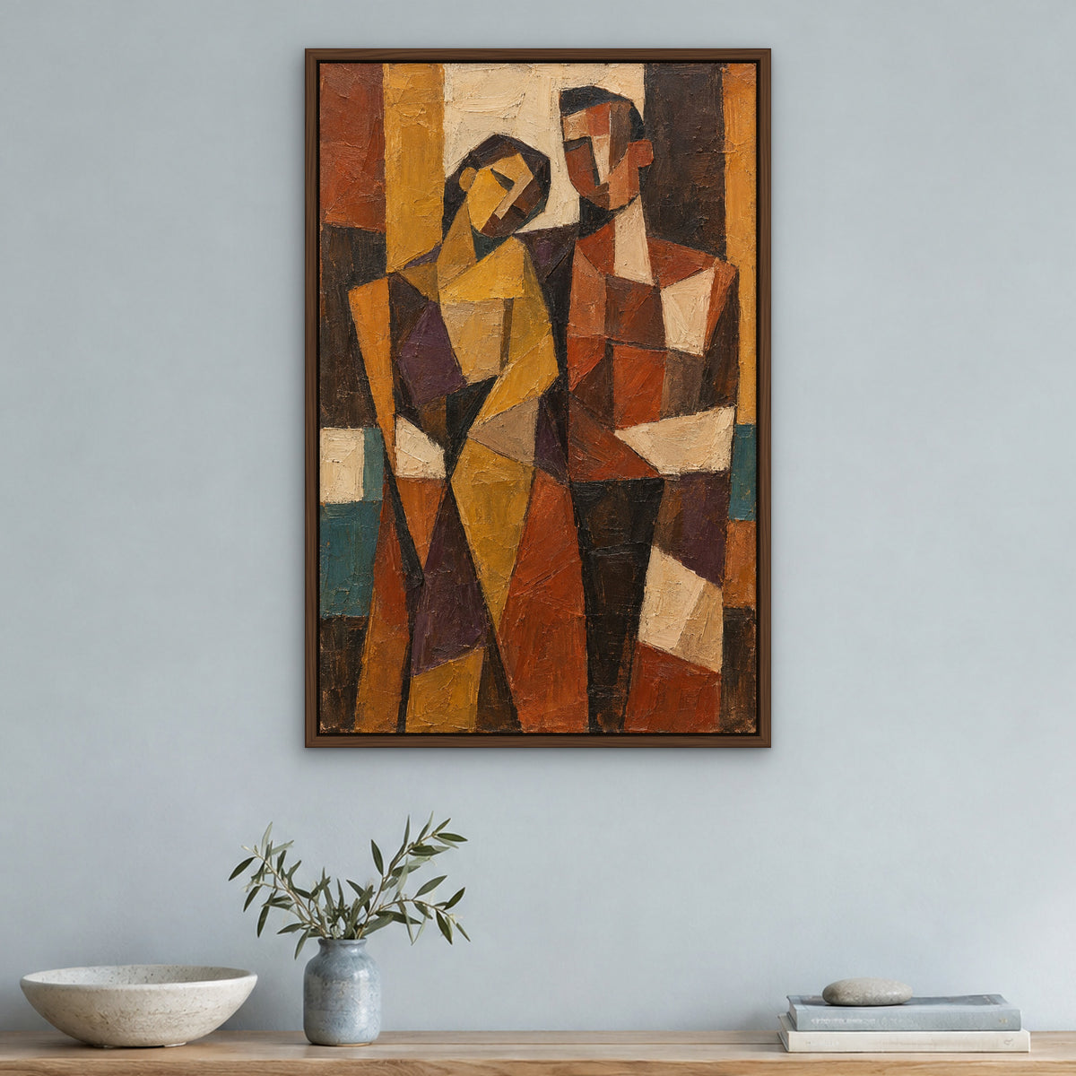 Terracotta Cubist Duo, gold abstract hand-painted canvas wall art in a hallway – Gallery 23