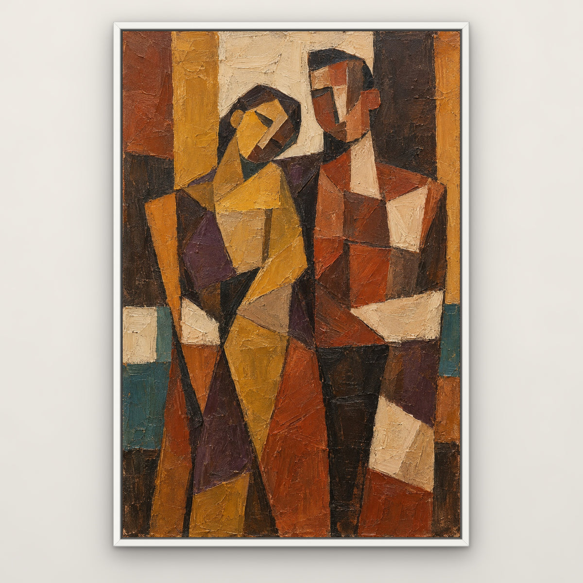 Terracotta Cubist Duo, gold abstract hand-painted canvas wall art in a slim white float frame – Gallery 23
