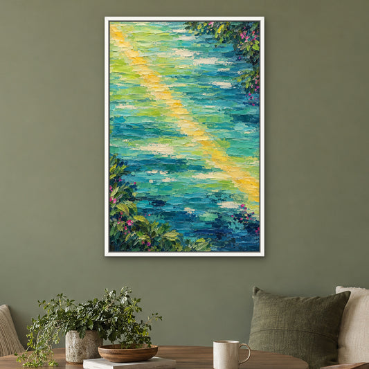 Lime and Lagoon Streaks, colourful abstract hand-painted canvas wall art in a kitchen nook – Gallery 23