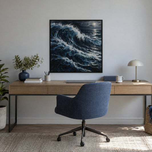 Night Swell, blue abstract hand-painted canvas wall art in a home office – Gallery 23