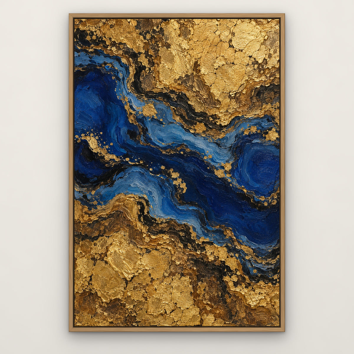 Lapis and Gold, blue abstract hand-painted canvas wall art in a slim oak float frame – Gallery 23
