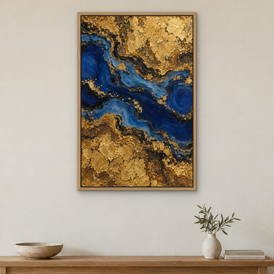 Lapis and Gold, blue abstract hand-painted canvas wall art in a hallway – Gallery 23