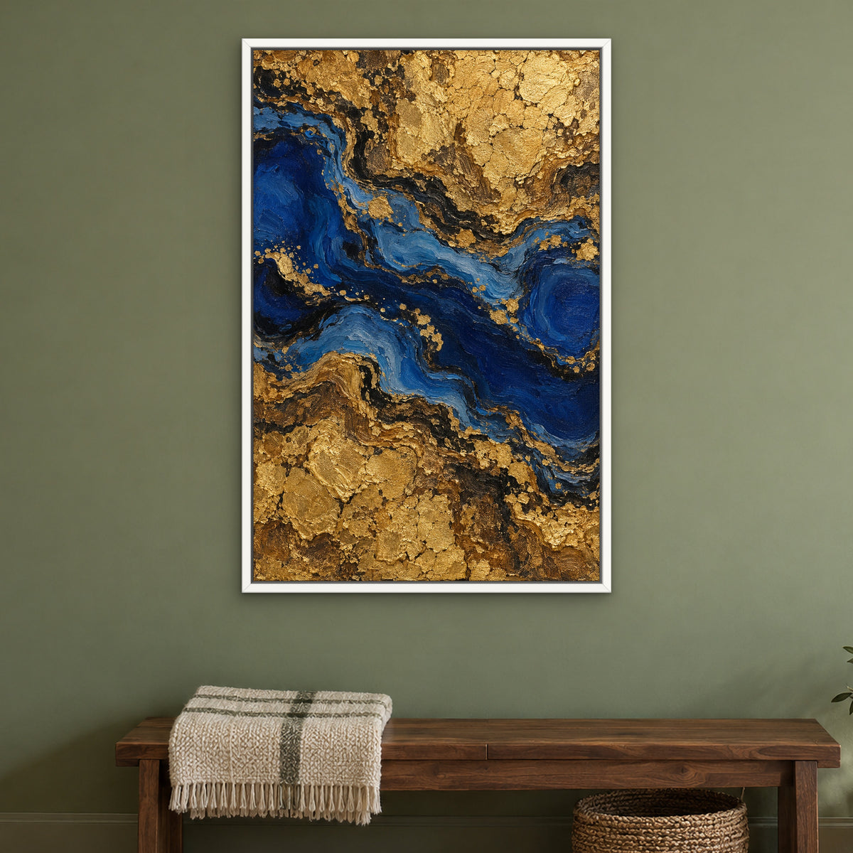 Lapis and Gold, blue abstract hand-painted canvas wall art in a bedroom – Gallery 23