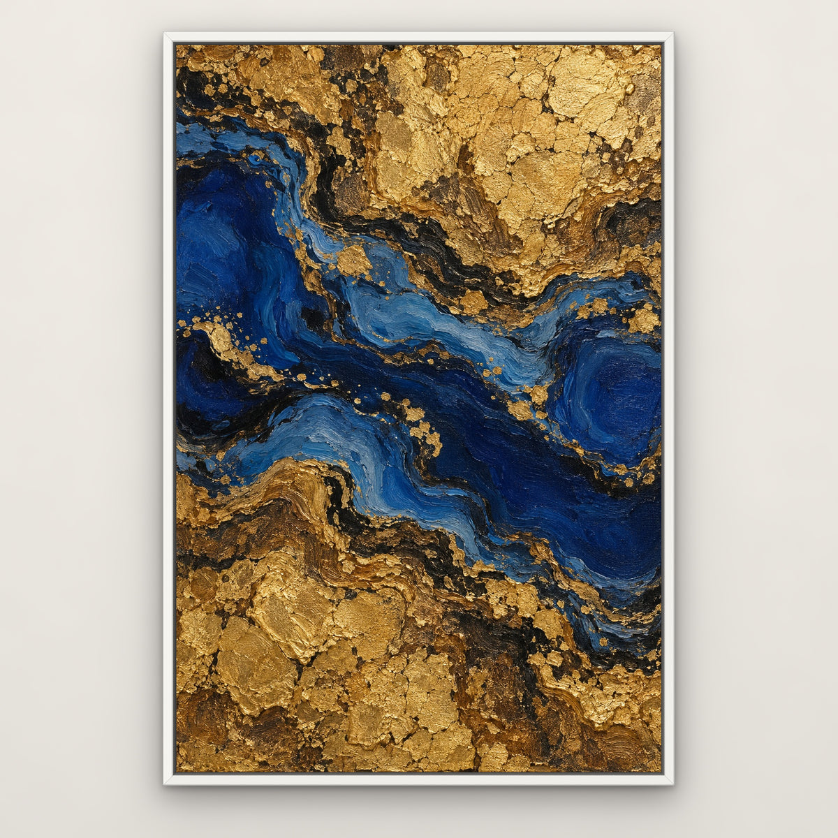 Lapis and Gold, blue abstract hand-painted canvas wall art in a slim white float frame – Gallery 23