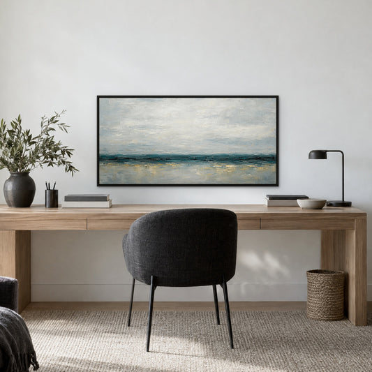 Teal Ink Horizon, blue abstract hand-painted canvas wall art in a home office – Gallery 23