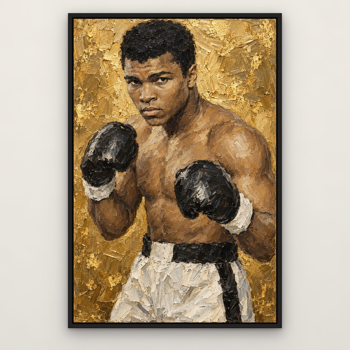 Ali, gold portrait hand-painted canvas wall art in a slim black float frame – Gallery 23