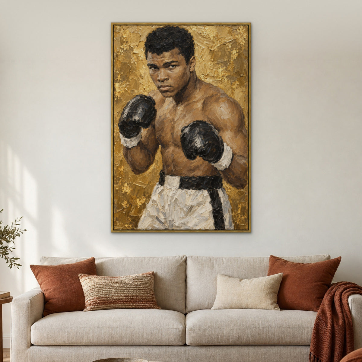 Ali, gold portrait hand-painted canvas wall art in a living room – Gallery 23