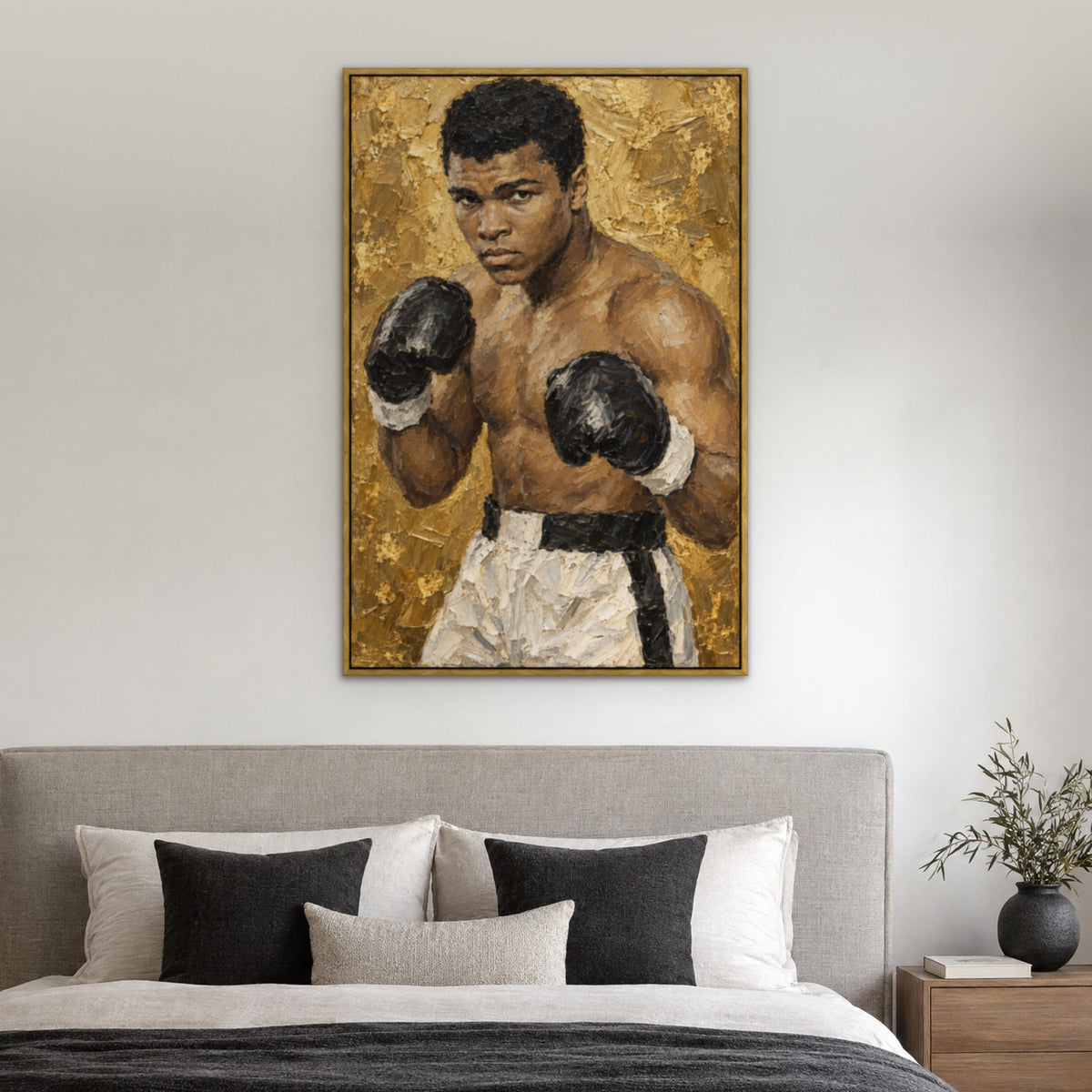 Ali, gold portrait hand-painted canvas wall art in a bedroom – Gallery 23