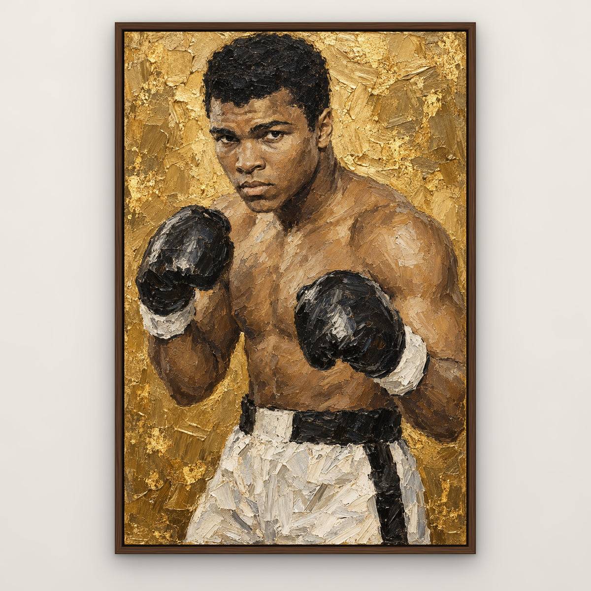 Ali, gold portrait hand-painted canvas wall art in a slim walnut float frame – Gallery 23