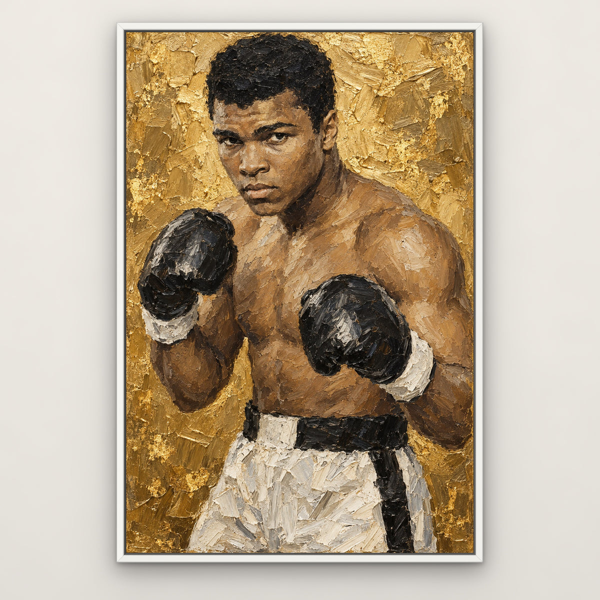 Ali, gold portrait hand-painted canvas wall art in a slim white float frame – Gallery 23