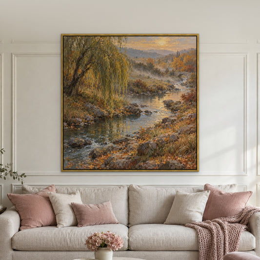 Stone Bridge Brook, green landscape hand-painted canvas wall art in a living room – Gallery 23