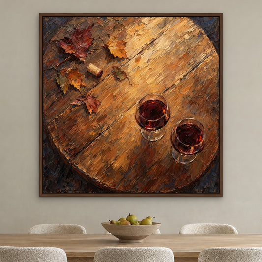 Twin Glasses of Red, brown still life hand-painted canvas wall art in a dining room – Gallery 23