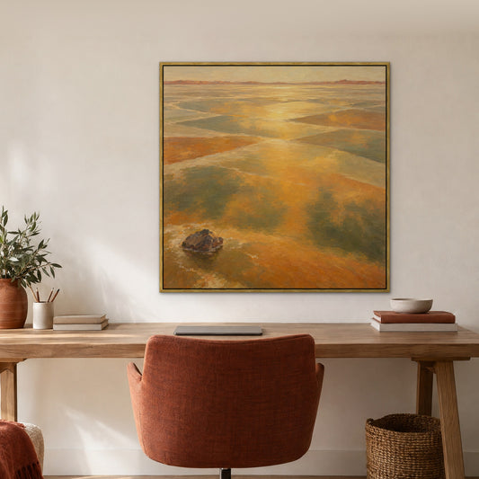 Desert Lake Mirage, orange abstract hand-painted canvas wall art in a home office – Gallery 23