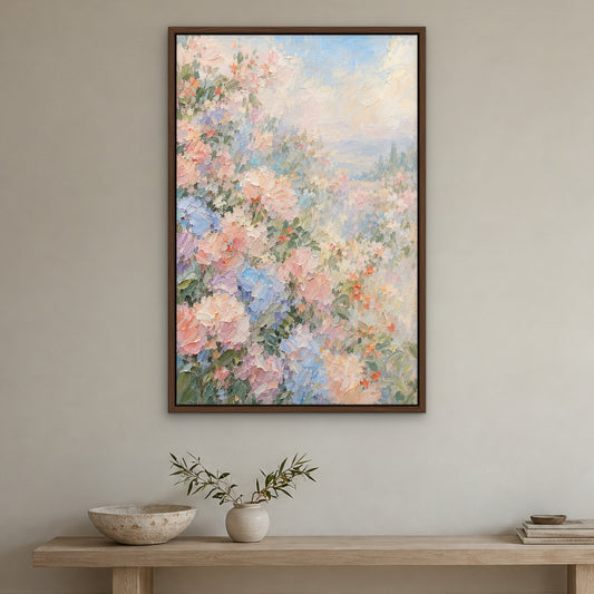 Pastel Garden Haze, neutral abstract hand-painted canvas wall art in a hallway – Gallery 23