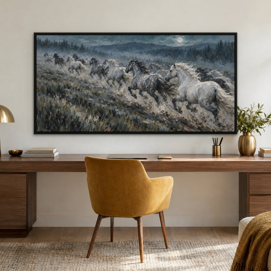 Wild Horse Stampede, teal animal hand-painted canvas wall art in a home office – Gallery 23