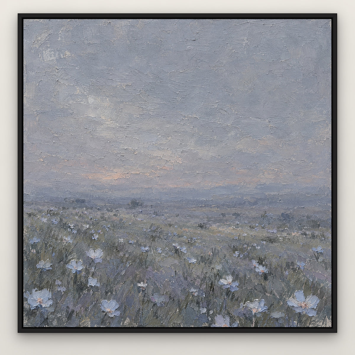 Pale Blue Petals, neutral floral hand-painted canvas wall art in a slim black float frame – Gallery 23