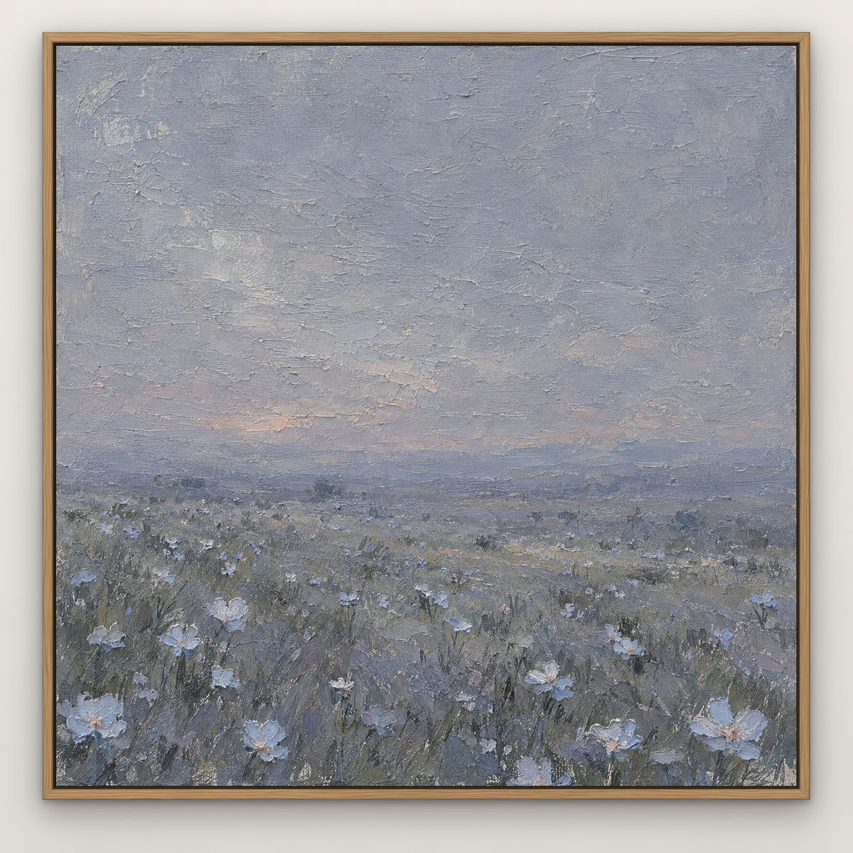 Pale Blue Petals, neutral floral hand-painted canvas wall art in a slim oak float frame – Gallery 23