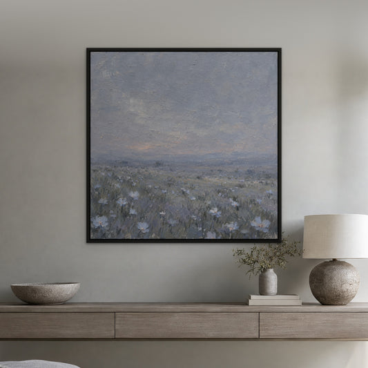 Pale Blue Petals, neutral floral hand-painted canvas wall art in a hallway – Gallery 23