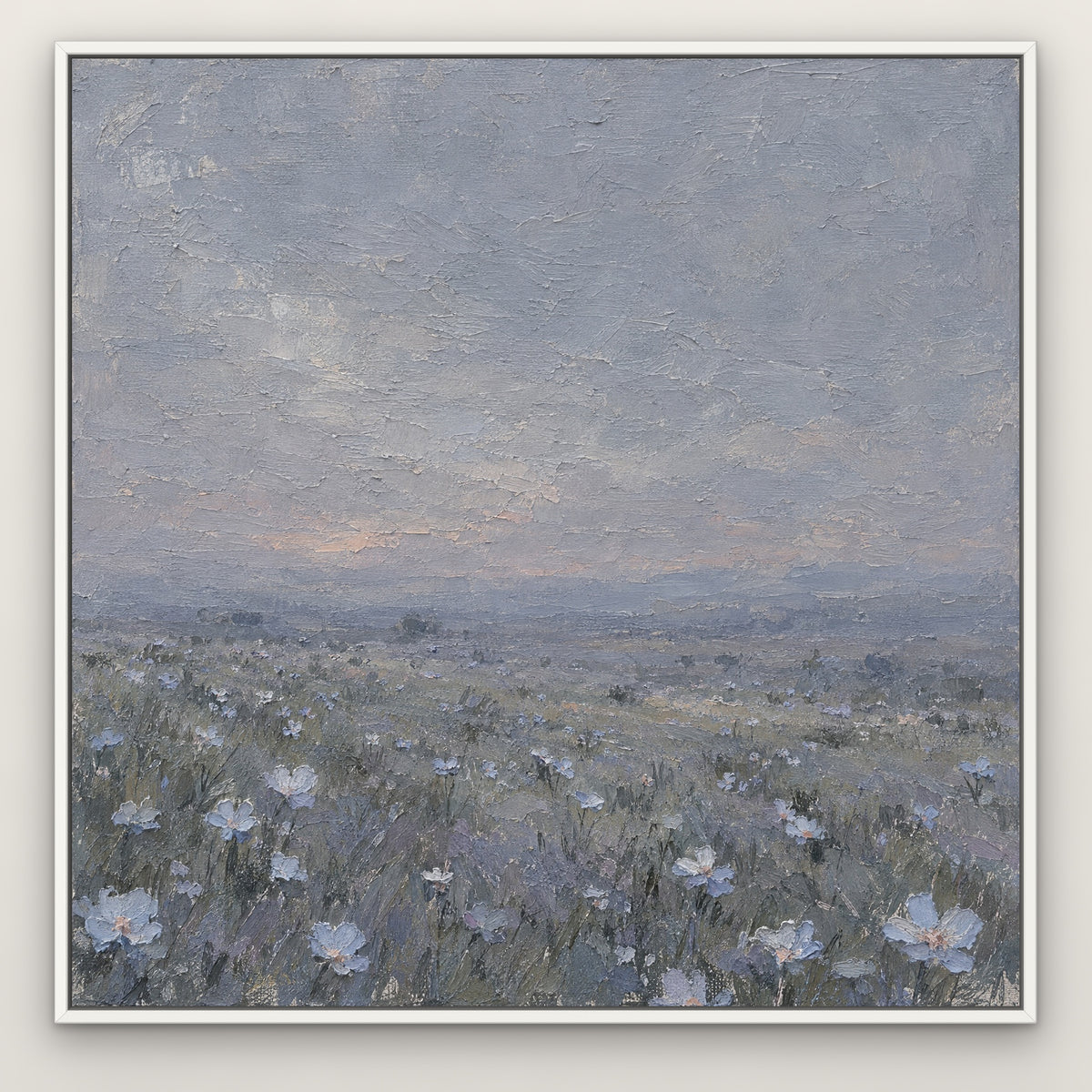 Pale Blue Petals, neutral floral hand-painted canvas wall art in a slim white float frame – Gallery 23