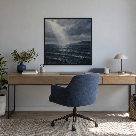 Navy Horizon, blue abstract hand-painted canvas wall art in a home office – Gallery 23