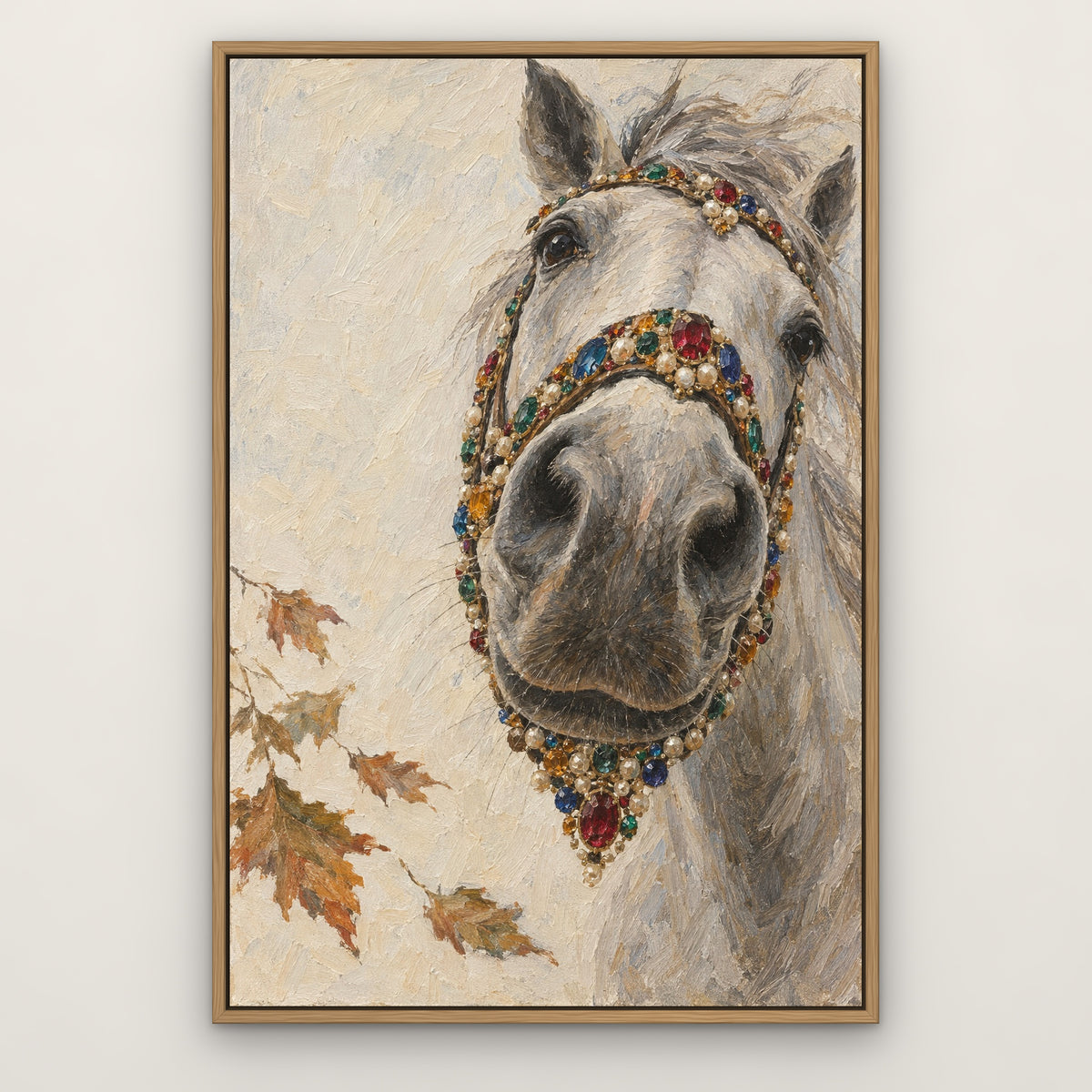 Jewelled Bridle, colourful animal hand-painted canvas wall art in a slim oak float frame – Gallery 23