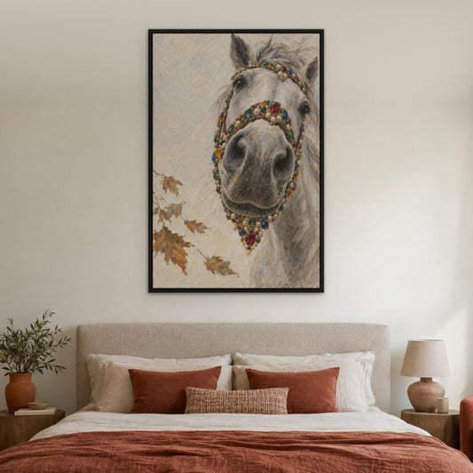 Jewelled Bridle, colourful animal hand-painted canvas wall art in a bedroom – Gallery 23