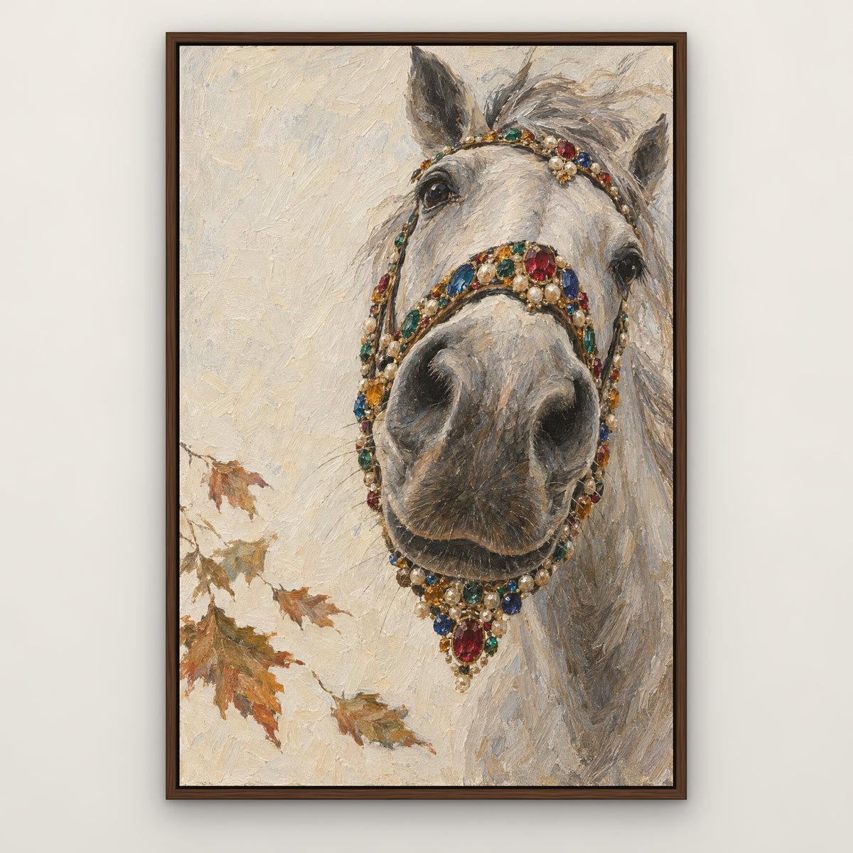Jewelled Bridle, colourful animal hand-painted canvas wall art in a slim walnut float frame – Gallery 23