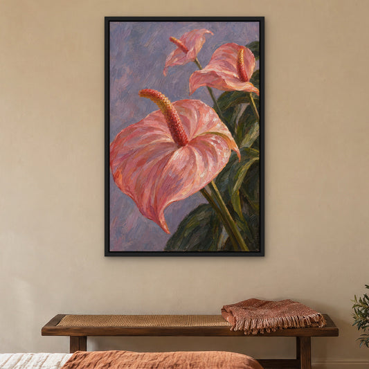 Blush Flamingo Blooms, green floral hand-painted canvas wall art in a bedroom – Gallery 23