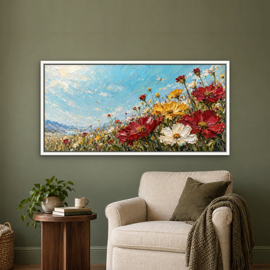 Wildflower Impasto, teal floral hand-painted canvas wall art in a reading corner – Gallery 23
