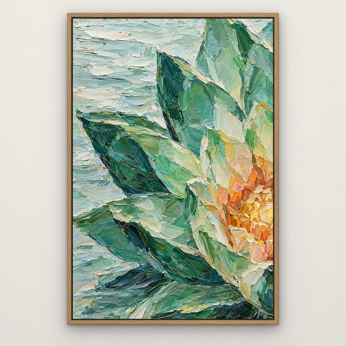 Crystal Lotus, colourful abstract hand-painted canvas wall art in a slim oak float frame – Gallery 23