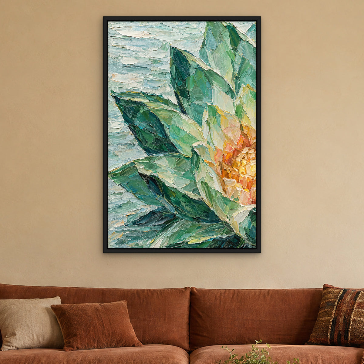 Crystal Lotus, colourful abstract hand-painted canvas wall art in a living room – Gallery 23