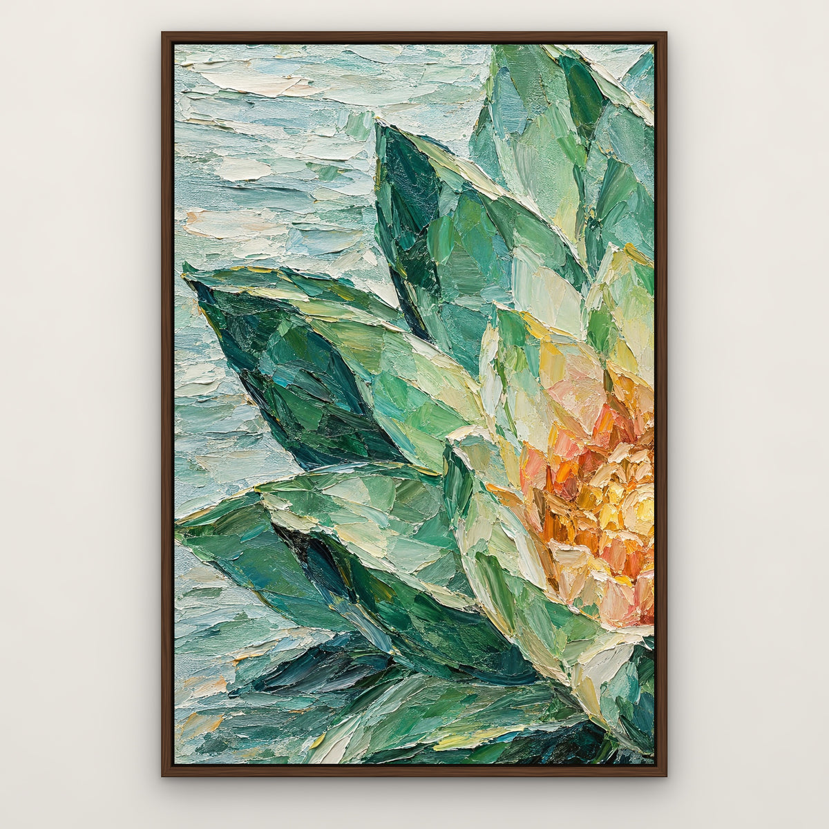 Crystal Lotus, colourful abstract hand-painted canvas wall art in a slim walnut float frame – Gallery 23