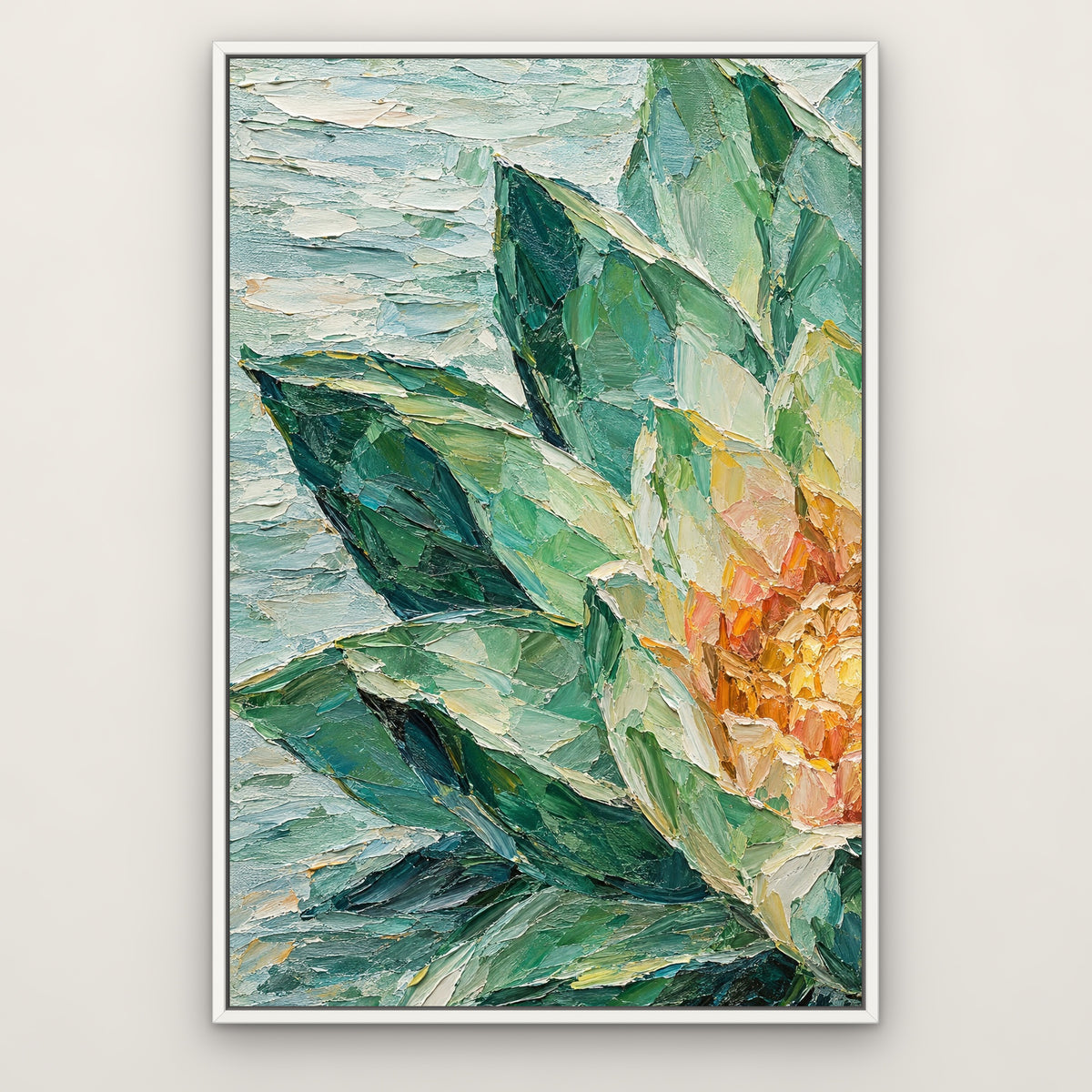 Crystal Lotus, colourful abstract hand-painted canvas wall art in a slim white float frame – Gallery 23