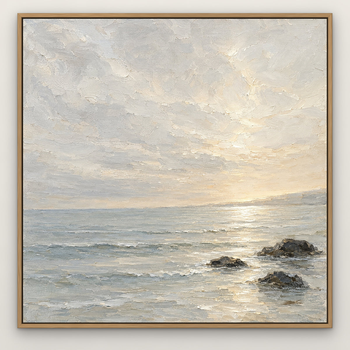Pearl Horizon, grey abstract hand-painted canvas wall art in a slim oak float frame – Gallery 23